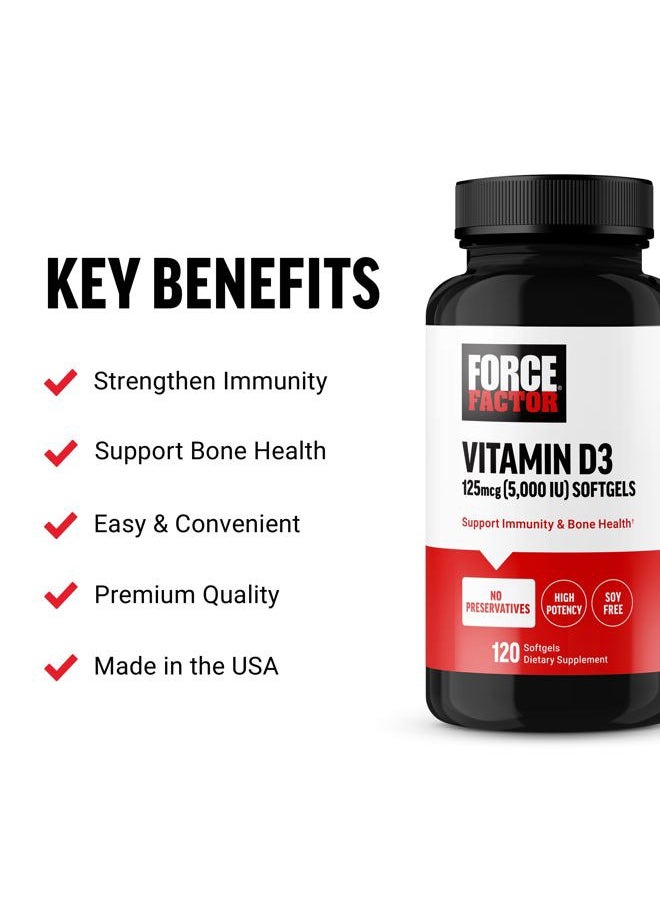 FORCE FACTOR Vitamin D3 5000 IU Softgels, High-Potency Vitamin D Supplement to Support Immunity and Bone Health, Premium Quality, No Preservatives, 120 Softgels
