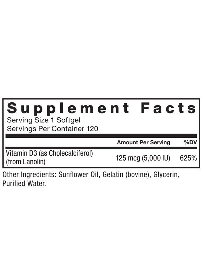 FORCE FACTOR Vitamin D3 5000 IU Softgels, High-Potency Vitamin D Supplement to Support Immunity and Bone Health, Premium Quality, No Preservatives, 120 Softgels