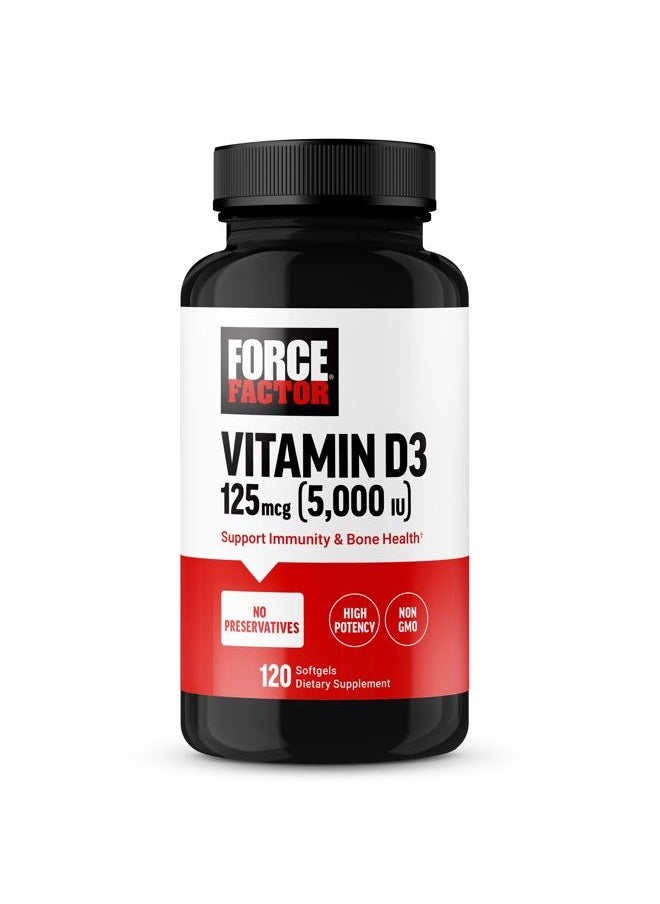 FORCE FACTOR Vitamin D3 5000 IU Softgels, High-Potency Vitamin D Supplement to Support Immunity and Bone Health, Premium Quality, No Preservatives, 120 Softgels