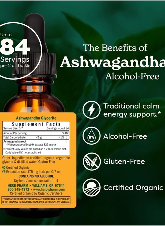 Certified Organic Ashwagandha Extract Drops for Traditional Support for Energy and Vitality, Alcohol-Free Glycerite, 2 Oz