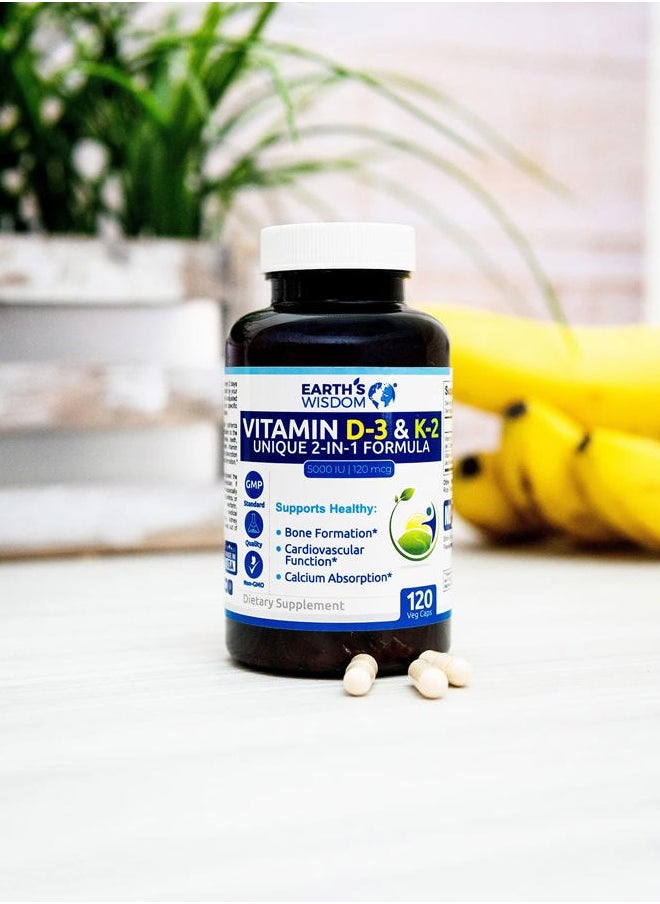 Vitamin D3 5000 IU with K2 (MK7) Formula. Muscle, Bone, Heart & Immune Support. Superior Absorption. 120 Capsules. Free from Gluten, Dairy, Soy. Non-GMO. Manufactured in USA.