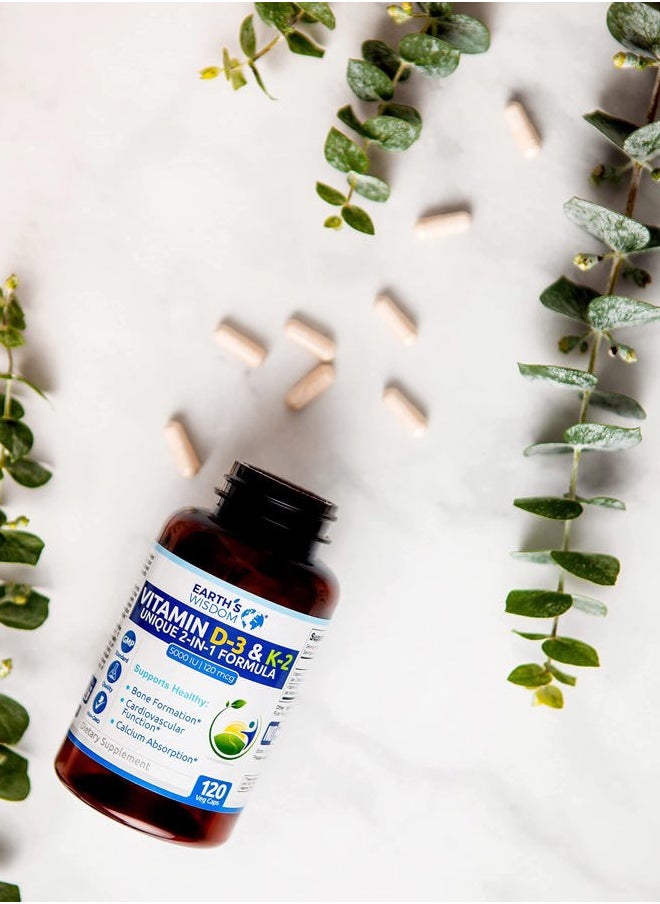 Vitamin D3 5000 IU with K2 (MK7) Formula. Muscle, Bone, Heart & Immune Support. Superior Absorption. 120 Capsules. Free from Gluten, Dairy, Soy. Non-GMO. Manufactured in USA.