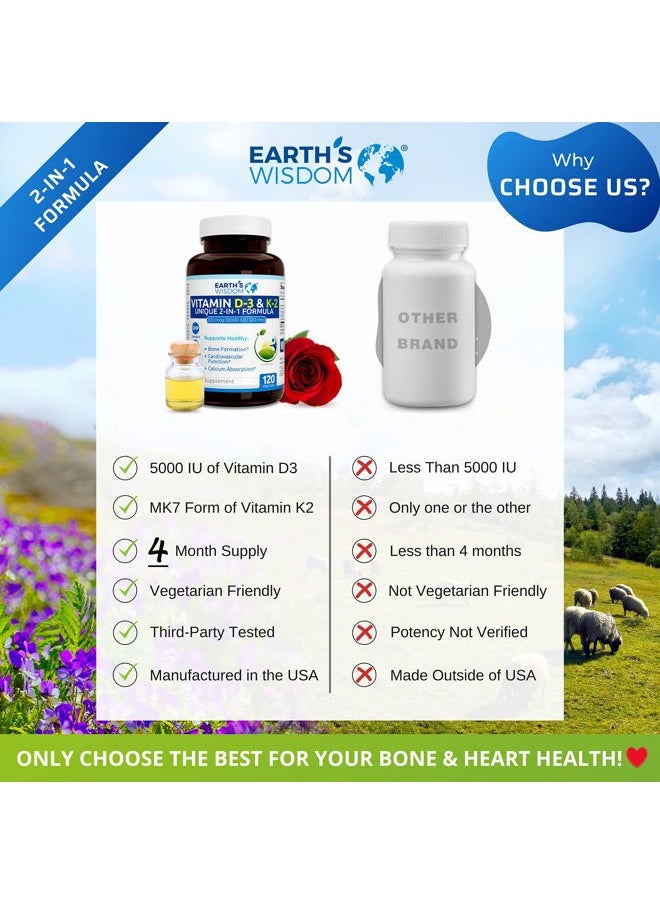 Vitamin D3 5000 IU with K2 (MK7) Formula. Muscle, Bone, Heart & Immune Support. Superior Absorption. 120 Capsules. Free from Gluten, Dairy, Soy. Non-GMO. Manufactured in USA.