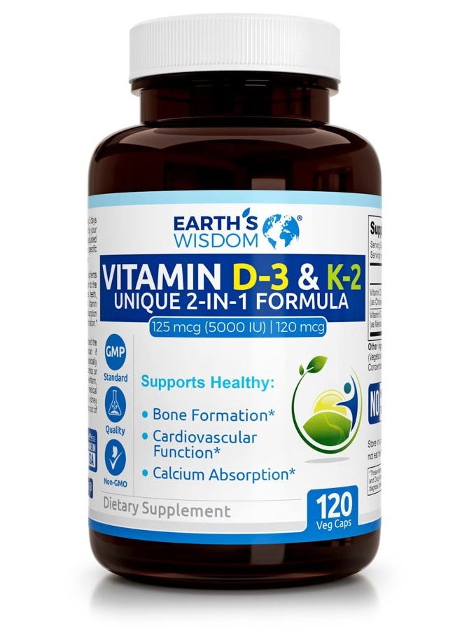 Vitamin D3 5000 IU with K2 (MK7) Formula. Muscle, Bone, Heart & Immune Support. Superior Absorption. 120 Capsules. Free from Gluten, Dairy, Soy. Non-GMO. Manufactured in USA.