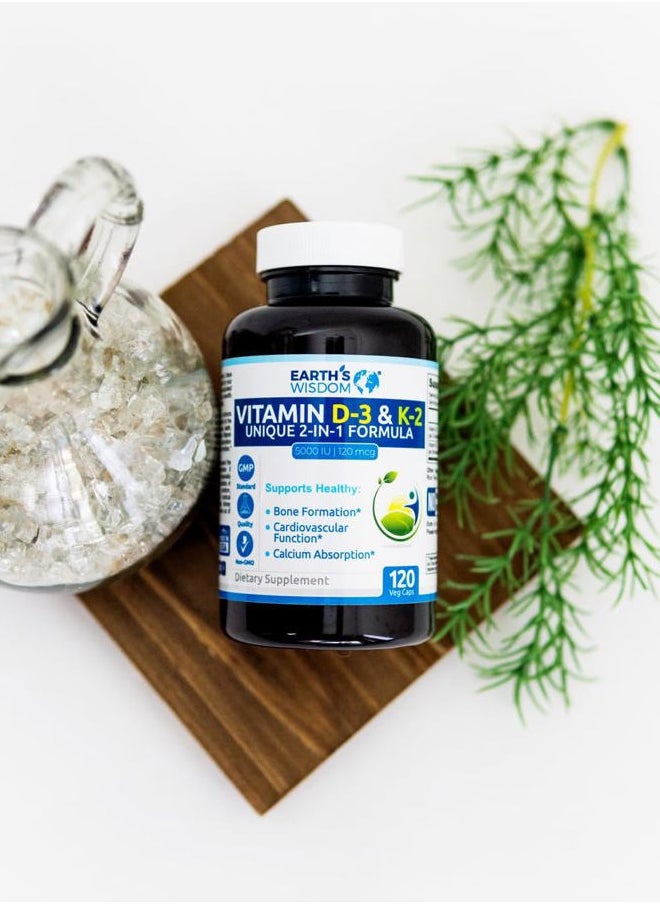 Vitamin D3 5000 IU with K2 (MK7) Formula. Muscle, Bone, Heart & Immune Support. Superior Absorption. 120 Capsules. Free from Gluten, Dairy, Soy. Non-GMO. Manufactured in USA.
