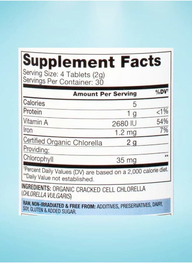 Organic Chlorella Tablets - Organic, Non-GMO, No Additives or Fillers - 500mg Premium Quality Dietary Supplement with Vitamins, Minerals, & Antioxidants (120 Tablets)