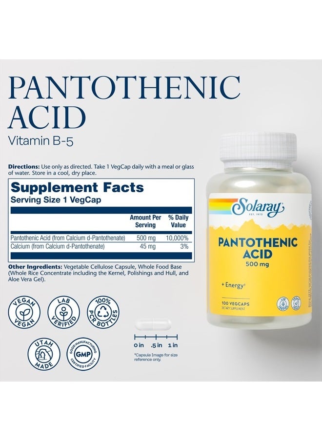 Solaray Pantothenic Acid 500mg - Vitamin B 5 for Coenzyme-A Production and Energy Metabolism, Hair, Skin, and Nails Support - Vegan, Lab Verified, 60-Day Guarantee - 100 Servings, 100 VegCaps