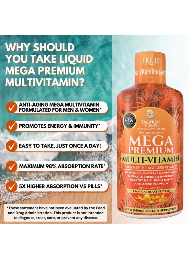 Mega Premium Liquid Multivitamin | Natural Immune Support Vitamin w/ 1333% Vitamin C, 200% D3, Zinc + 20 Vitamins, 70 Minerals, & 21 Amino Acids | Sugar Free | Orange Flavor | 98% Absorption | 32 Serv