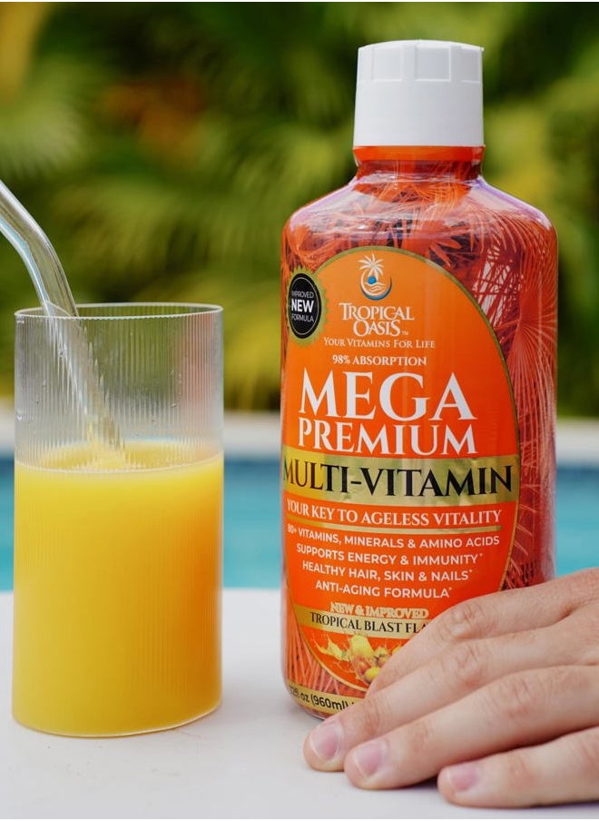 Mega Premium Liquid Multivitamin | Natural Immune Support Vitamin w/ 1333% Vitamin C, 200% D3, Zinc + 20 Vitamins, 70 Minerals, & 21 Amino Acids | Sugar Free | Orange Flavor | 98% Absorption | 32 Serv