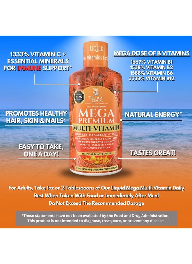 Mega Premium Liquid Multivitamin | Natural Immune Support Vitamin w/ 1333% Vitamin C, 200% D3, Zinc + 20 Vitamins, 70 Minerals, & 21 Amino Acids | Sugar Free | Orange Flavor | 98% Absorption | 32 Serv