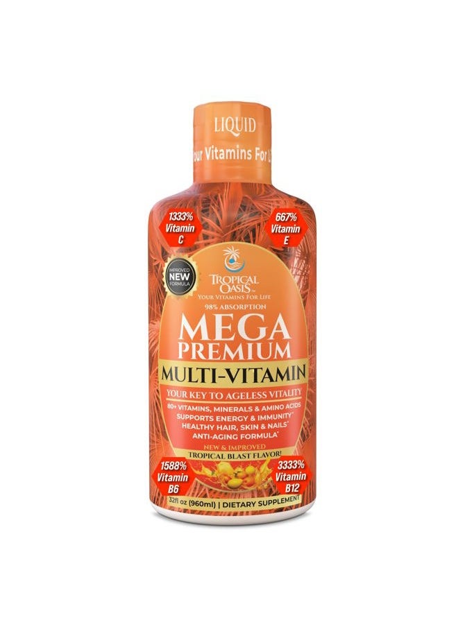 Mega Premium Liquid Multivitamin | Natural Immune Support Vitamin w/ 1333% Vitamin C, 200% D3, Zinc + 20 Vitamins, 70 Minerals, & 21 Amino Acids | Sugar Free | Orange Flavor | 98% Absorption | 32 Serv