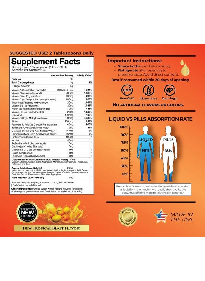 Mega Premium Liquid Multivitamin | Natural Immune Support Vitamin w/ 1333% Vitamin C, 200% D3, Zinc + 20 Vitamins, 70 Minerals, & 21 Amino Acids | Sugar Free | Orange Flavor | 98% Absorption | 32 Serv