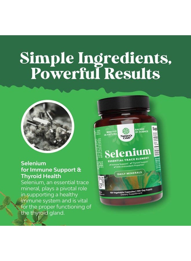 Yeast Free Selenium 200mcg Capsules - High Potency Selenium Supplement for Immunity Antioxidant and Thyroid Support Essential Trace Mineral - Vegan Non-GMO Gluten Free & Made in The US (100 Servings)
