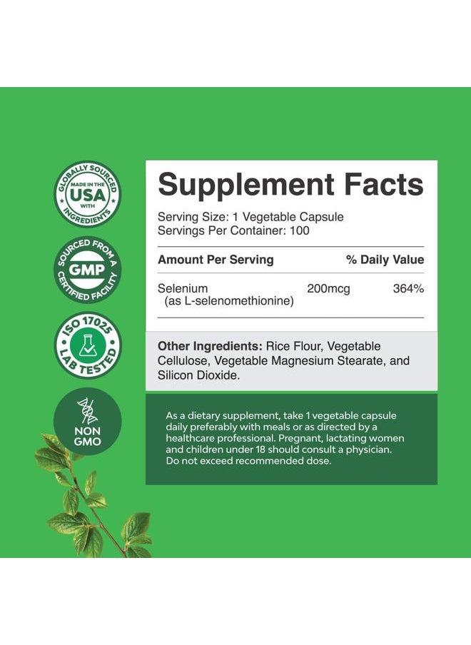 Yeast Free Selenium 200mcg Capsules - High Potency Selenium Supplement for Immunity Antioxidant and Thyroid Support Essential Trace Mineral - Vegan Non-GMO Gluten Free & Made in The US (100 Servings)