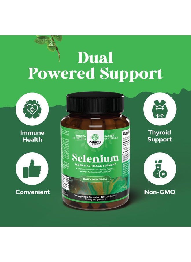Yeast Free Selenium 200mcg Capsules - High Potency Selenium Supplement for Immunity Antioxidant and Thyroid Support Essential Trace Mineral - Vegan Non-GMO Gluten Free & Made in The US (100 Servings)