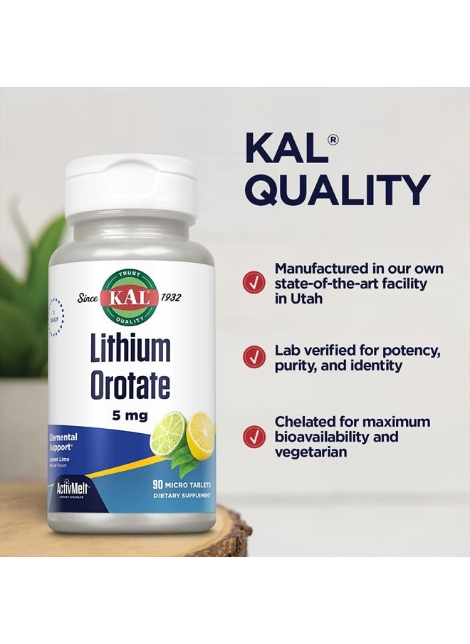 Lithium Orotate ActivMelt 5mg, Chelated Lithium for Optimal Absorption and Bioavailability, Healthy Mood Support, Natural Lemon Lime Flavor, Instant Dissolve Tablets, 90 Servings, 90 Micro Tablets
