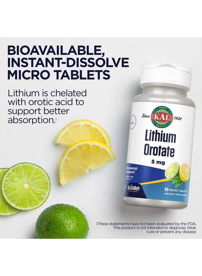 Lithium Orotate ActivMelt 5mg, Chelated Lithium for Optimal Absorption and Bioavailability, Healthy Mood Support, Natural Lemon Lime Flavor, Instant Dissolve Tablets, 90 Servings, 90 Micro Tablets