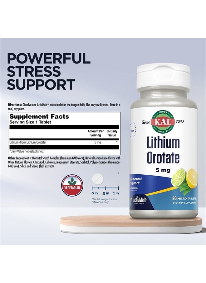 Lithium Orotate ActivMelt 5mg, Chelated Lithium for Optimal Absorption and Bioavailability, Healthy Mood Support, Natural Lemon Lime Flavor, Instant Dissolve Tablets, 90 Servings, 90 Micro Tablets