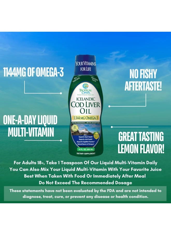 Icelandic Cod Liver Oil | Maximum Strength 1144mg of Liquid Wild-Caught Natural Omega-3 Fish Oil (Lemon Flavor, 90 Servings)