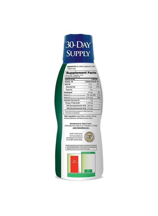 Icelandic Cod Liver Oil | Maximum Strength 1144mg of Liquid Wild-Caught Natural Omega-3 Fish Oil (Lemon Flavor, 90 Servings)