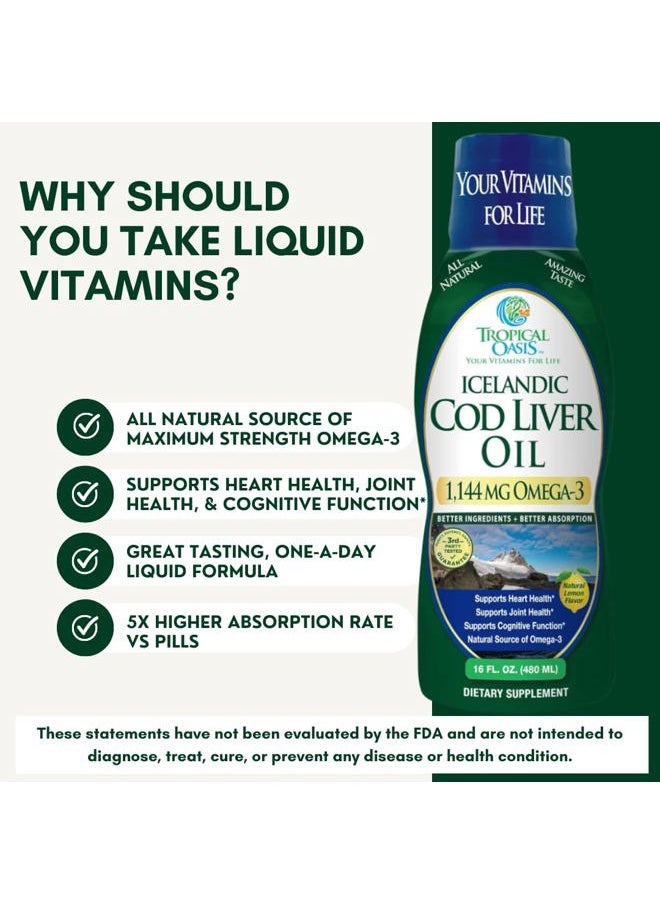 Icelandic Cod Liver Oil | Maximum Strength 1144mg of Liquid Wild-Caught Natural Omega-3 Fish Oil (Lemon Flavor, 90 Servings)