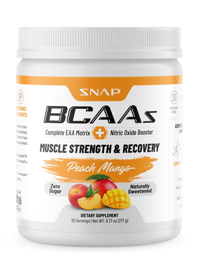 BCAAs Muscle Strength and Recovery -Zero suger Naturally Sweetened Suppors Quick  Recovery,Promotes Strength Replenishes and Hydrates Peach Mango Dietary Suppiement NT WT 9.77 Oz (277g)