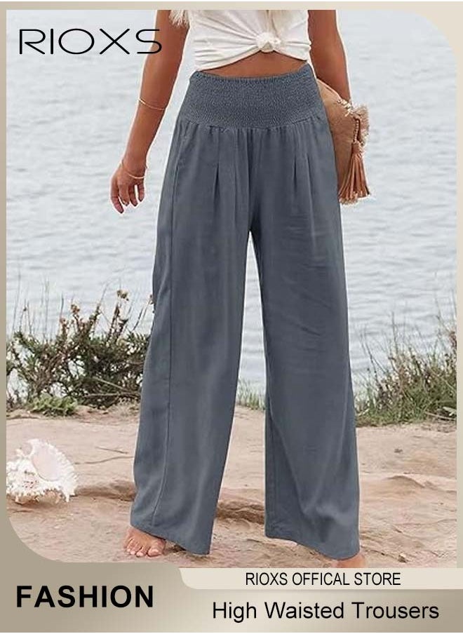 Casual Wide Leg Trouser, Cotton Linen Trouser for Women, Comfy Elastic High Waist Pant With Pockets, Women's Loose Fit Dress Pants, Ladies Palazzo Pants For Daily Holiday Vacation Beach