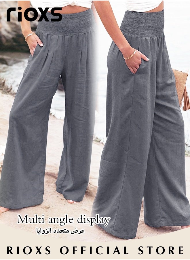 Casual Wide Leg Trouser, Cotton Linen Trouser for Women, Comfy Elastic High Waist Pant With Pockets, Women's Loose Fit Dress Pants, Ladies Palazzo Pants For Daily Holiday Vacation Beach