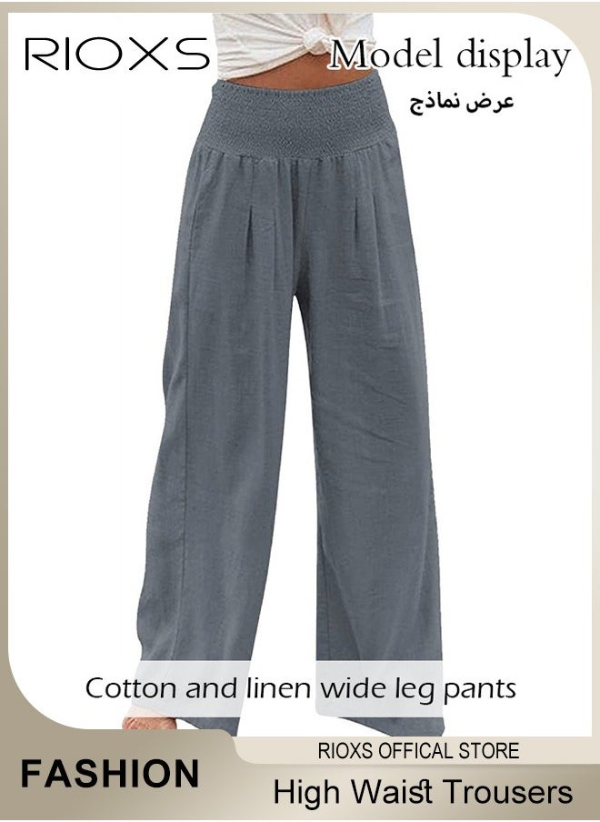 Casual Wide Leg Trouser, Cotton Linen Trouser for Women, Comfy Elastic High Waist Pant With Pockets, Women's Loose Fit Dress Pants, Ladies Palazzo Pants For Daily Holiday Vacation Beach