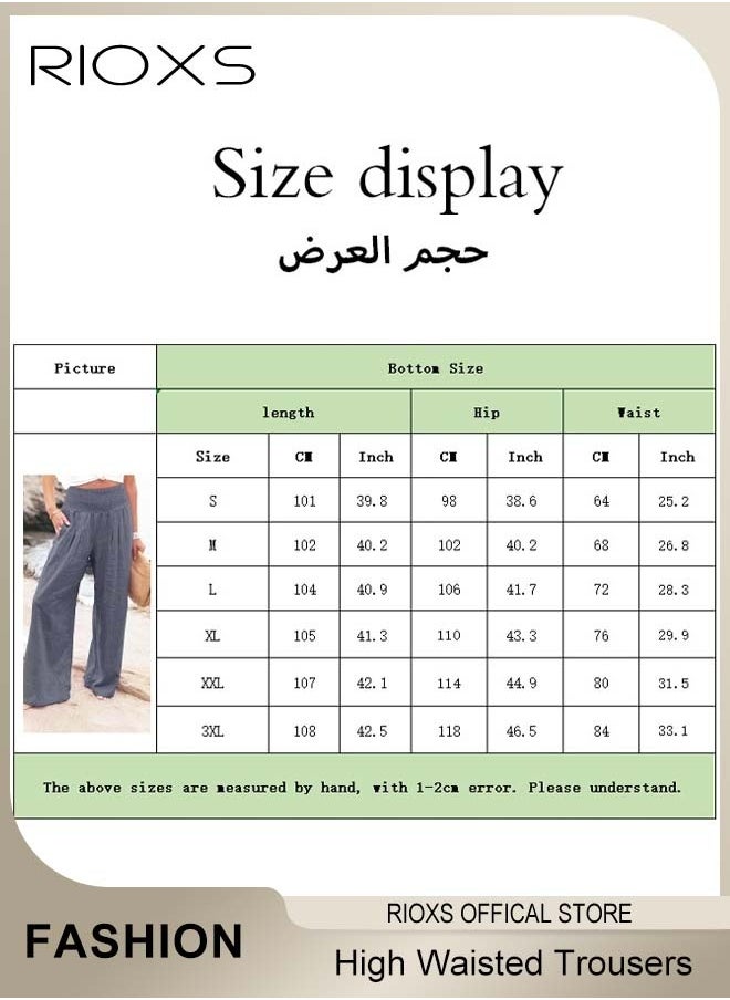 Casual Wide Leg Trouser, Cotton Linen Trouser for Women, Comfy Elastic High Waist Pant With Pockets, Women's Loose Fit Dress Pants, Ladies Palazzo Pants For Daily Holiday Vacation Beach