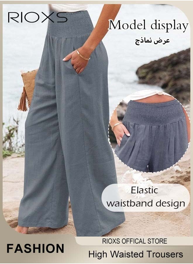 Casual Wide Leg Trouser, Cotton Linen Trouser for Women, Comfy Elastic High Waist Pant With Pockets, Women's Loose Fit Dress Pants, Ladies Palazzo Pants For Daily Holiday Vacation Beach