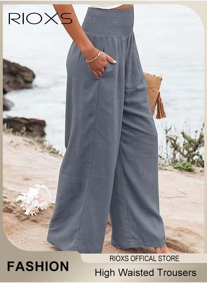 Casual Wide Leg Trouser, Cotton Linen Trouser for Women, Comfy Elastic High Waist Pant With Pockets, Women's Loose Fit Dress Pants, Ladies Palazzo Pants For Daily Holiday Vacation Beach