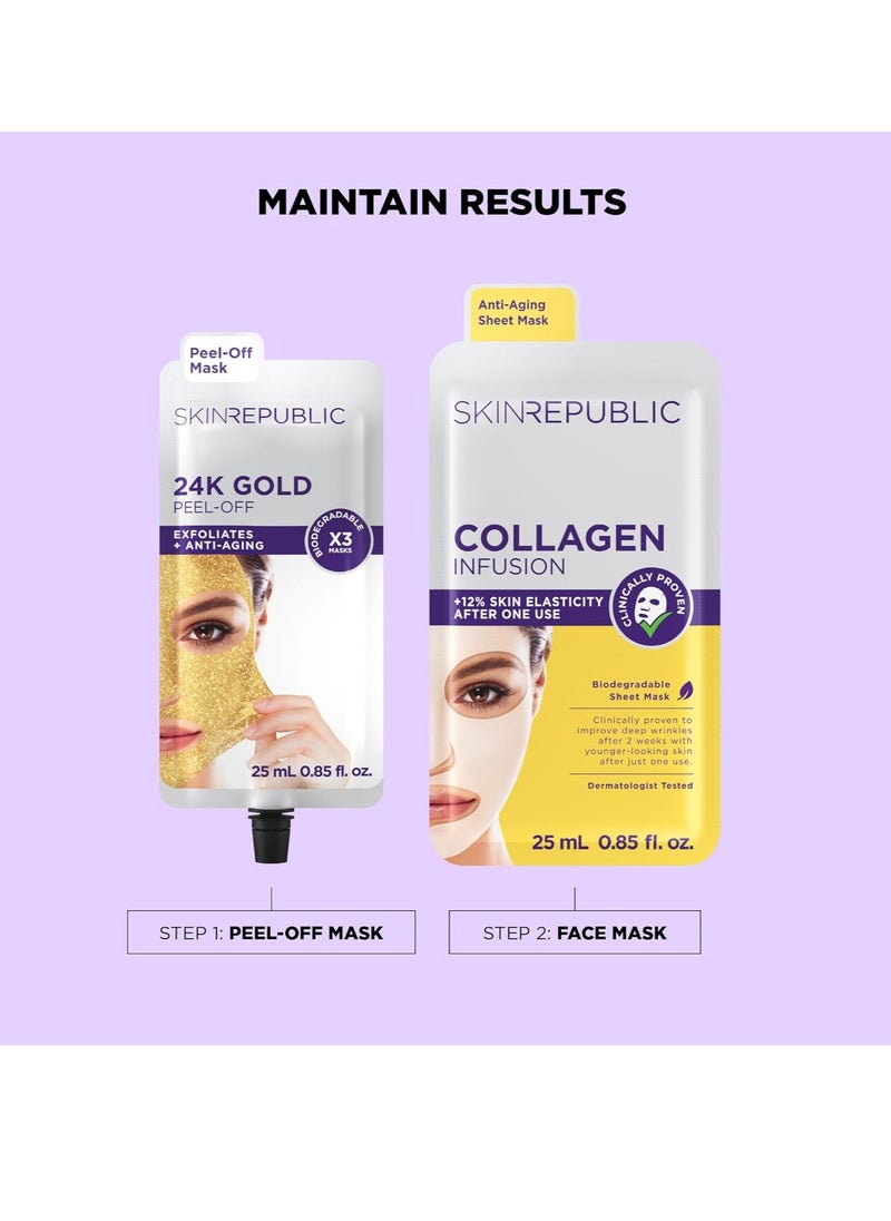 24K Gold Peel-Off Mask (30 Masks) – Anti-Aging Face Mask with Green Tea, Pomegranate & Fruit Acids – Exfoliates, Reduces Fine Lines & Wrinkles, Brightens, Restores & Protects Skin