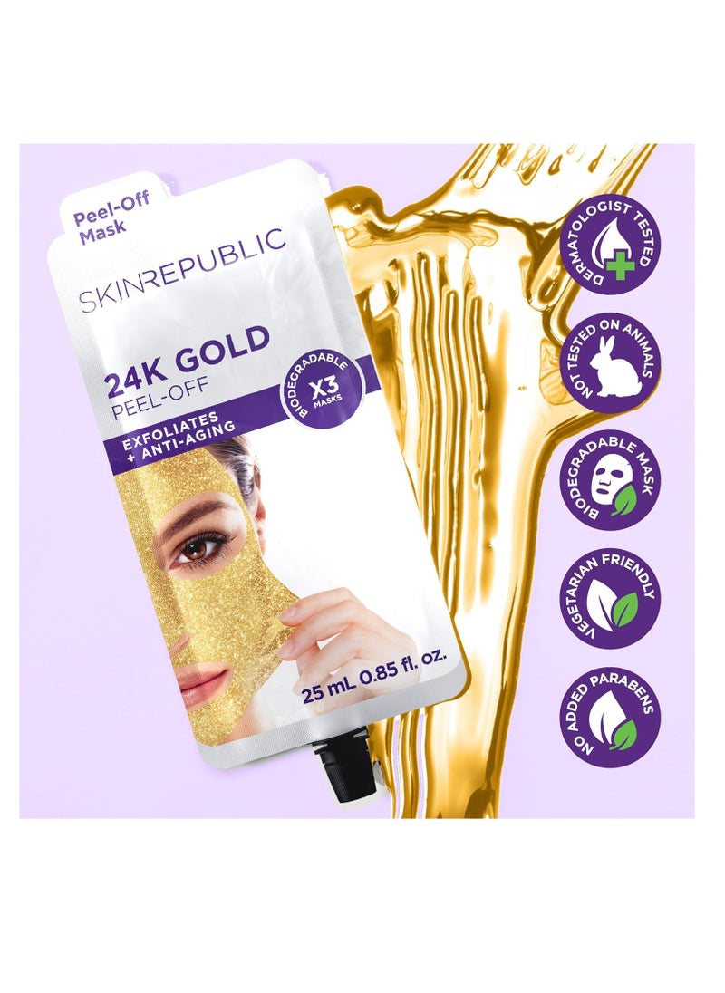 24K Gold Peel-Off Mask (30 Masks) – Anti-Aging Face Mask with Green Tea, Pomegranate & Fruit Acids – Exfoliates, Reduces Fine Lines & Wrinkles, Brightens, Restores & Protects Skin