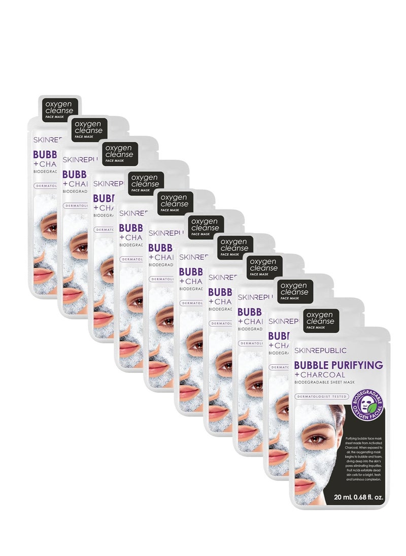 Face Mask Sheet (10 Masks) – Bubble Purifying Serum with Charcoal, Apple & Tea Tree, Fights Pimples, Minimizes Pores, Removes Blackheads, Controls Oil, Exfoliates & Brightens Skin