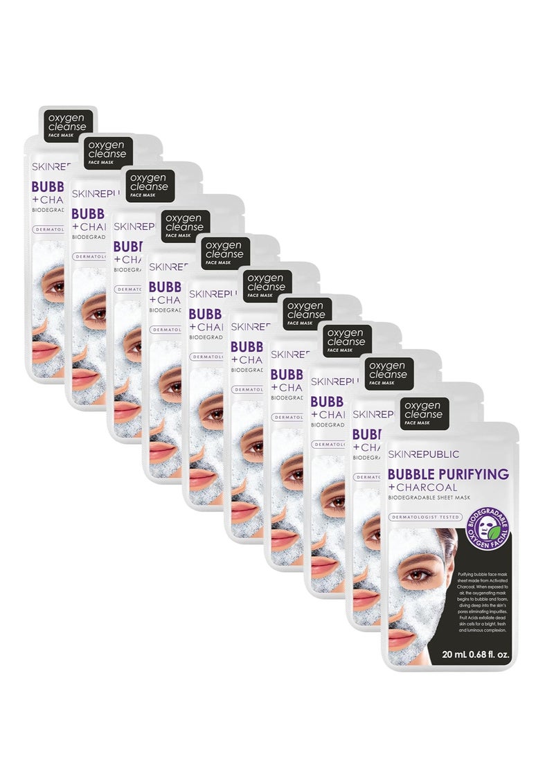Face Mask Sheet (10 Masks) – Bubble Purifying Serum with Charcoal, Apple & Tea Tree, Fights Pimples, Minimizes Pores, Removes Blackheads, Controls Oil, Exfoliates & Brightens Skin