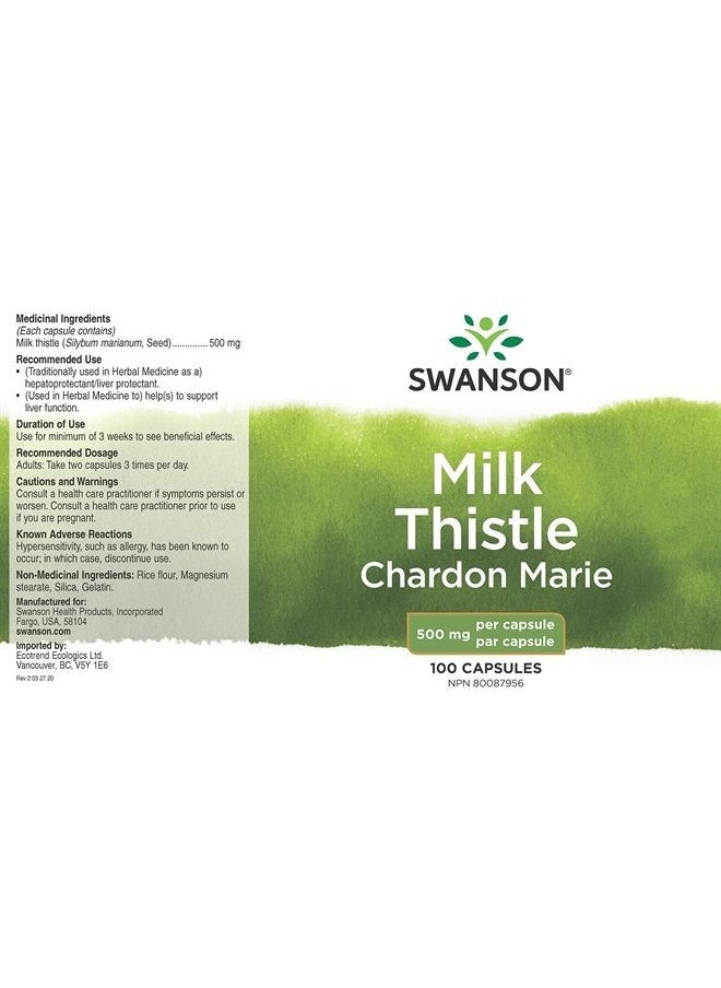 Milk Thistle-Herbal Liver Support Supplement-Natural Formula Helping to Maintain Overall Health & Wellbeing-(100 Capsules, 500mg Each)