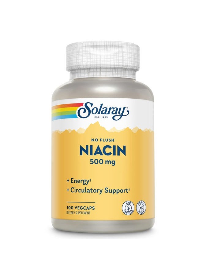 Solaray No Flush Niacin 500mg, Flush-Free Vitamin B3 Niacin, Energy and Circulatory System Support, Vegan, Lab Verified, 60-Day Money-Back Guarantee, 100 Servings, 100 VegCaps