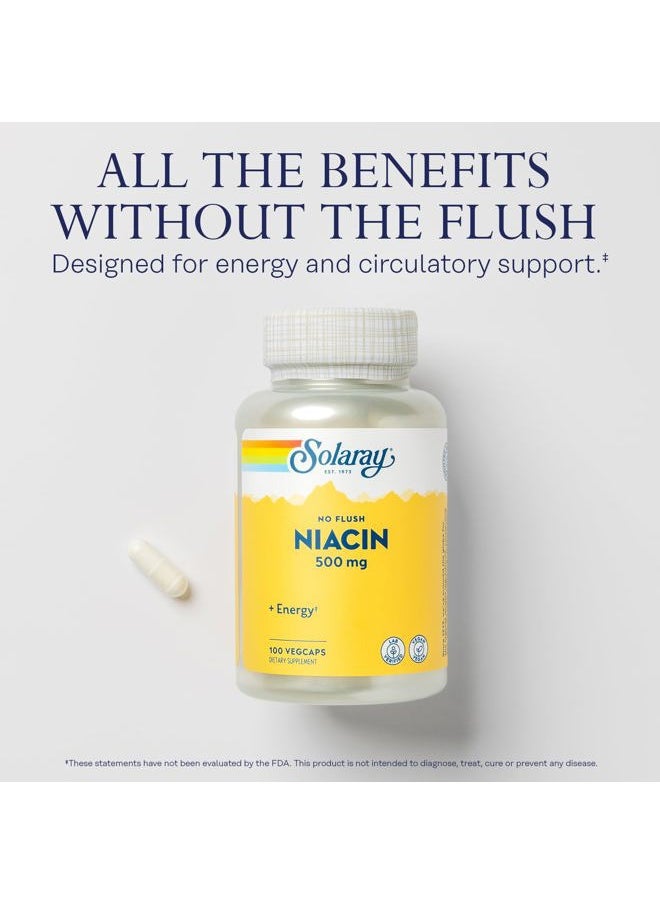 Solaray No Flush Niacin 500mg, Flush-Free Vitamin B3 Niacin, Energy and Circulatory System Support, Vegan, Lab Verified, 60-Day Money-Back Guarantee, 100 Servings, 100 VegCaps