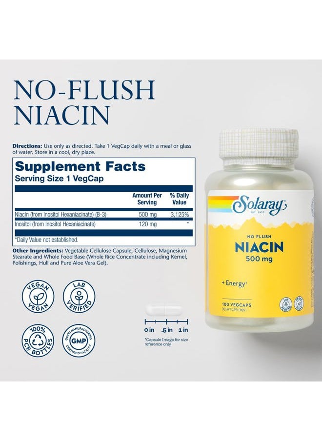 Solaray No Flush Niacin 500mg, Flush-Free Vitamin B3 Niacin, Energy and Circulatory System Support, Vegan, Lab Verified, 60-Day Money-Back Guarantee, 100 Servings, 100 VegCaps