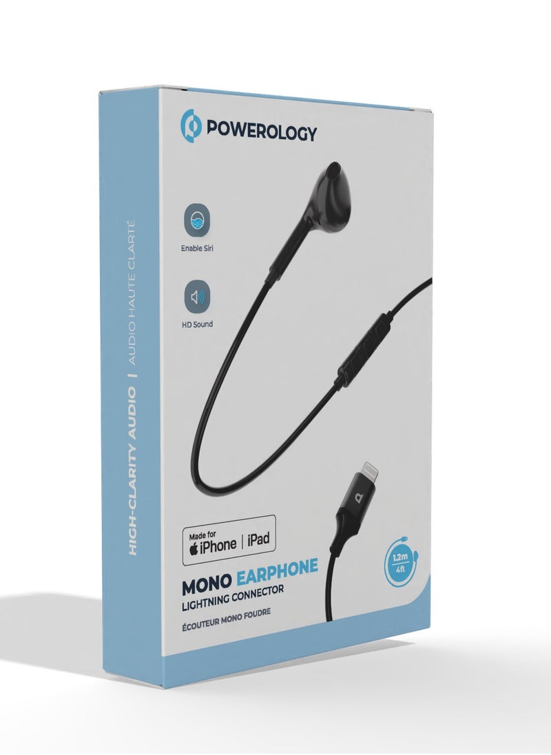 Mono Earphone Lightning Connector 1.2m/4ft/ Active In-Line Control Buttons/ High-Clarity Audio/ Enable Siri/ HD Sound/ Compatible to All Apple Lightning Devices Left or Right Ear - Black