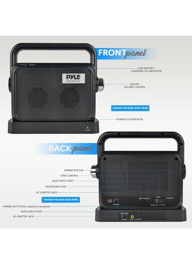 Wireless Portable Speaker Soundbox - 2.4ghz Full Range Stereo Sound Digital TV MP3 iPod Analog Cable w/ Headset Jack Voice Enhancing Audio Hearing Assistance - PTVSP18BK