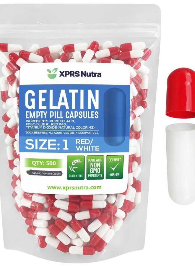 Size 1 Empty Capsules - 500 Count Empty Gelatin Capsules - Empty Pill Capsules - DIY Capsule Filling - Pure Bovine Pill Capsules Empty Gel Caps (Red/White)