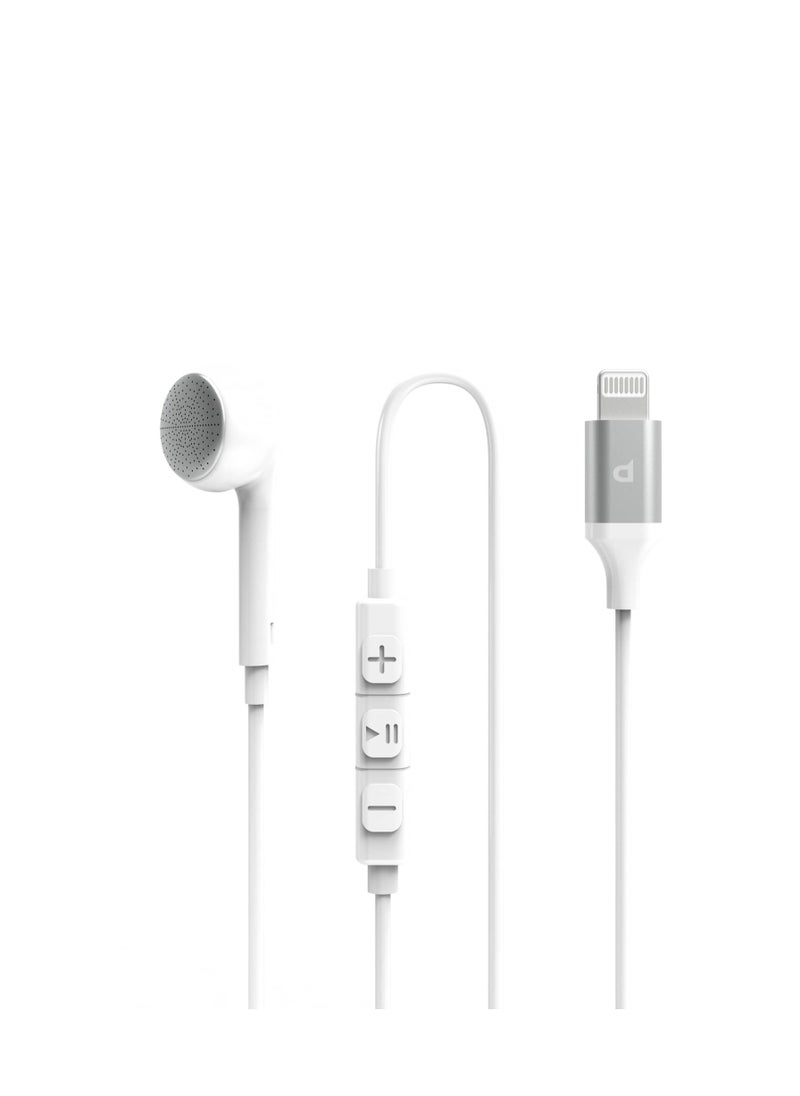 Mono Earphone with Lightning Connector 1.2M HD Sound / High-Clarity Audio & Active In-Line Control Buttons / Siri Enabled / Compatible to All Apple Lightning Devices - White