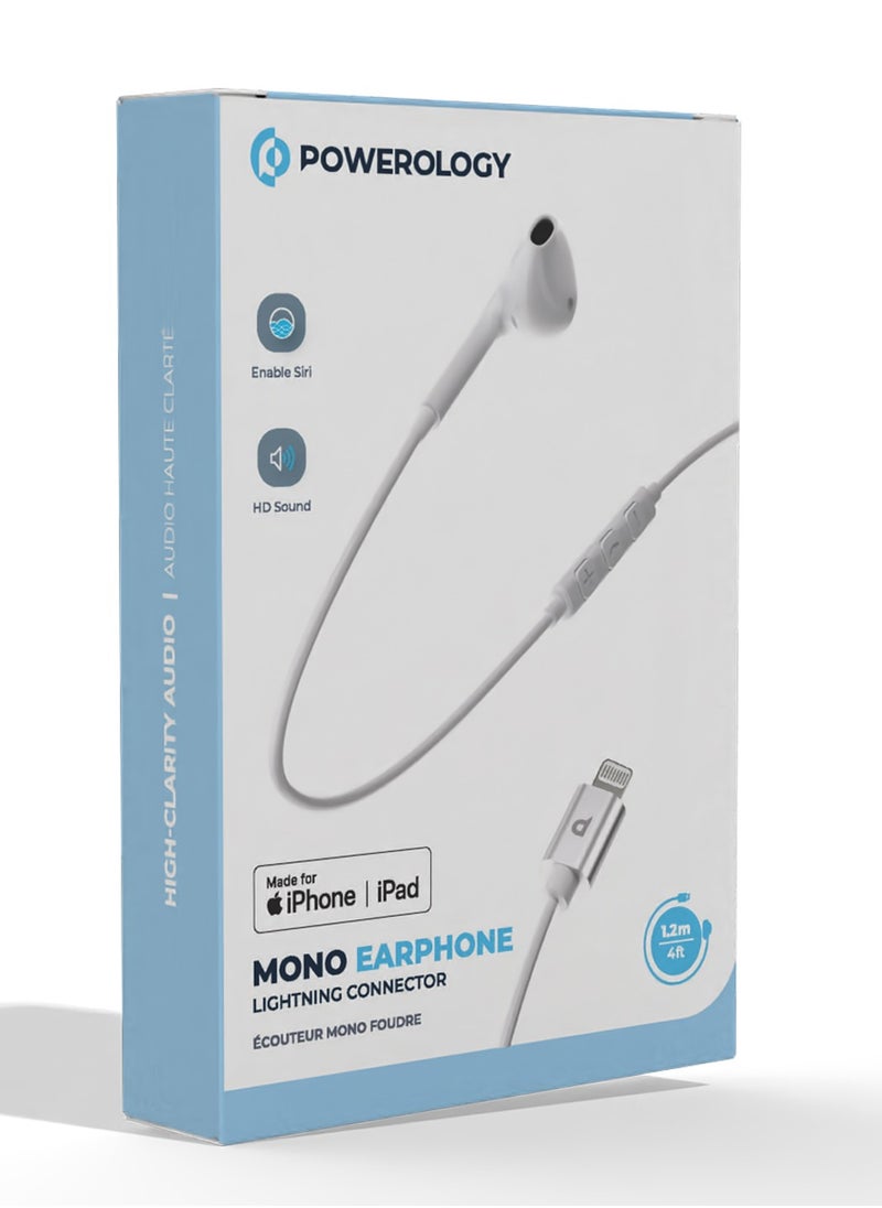 Mono Earphone with Lightning Connector 1.2M HD Sound / High-Clarity Audio & Active In-Line Control Buttons / Siri Enabled / Compatible to All Apple Lightning Devices - White