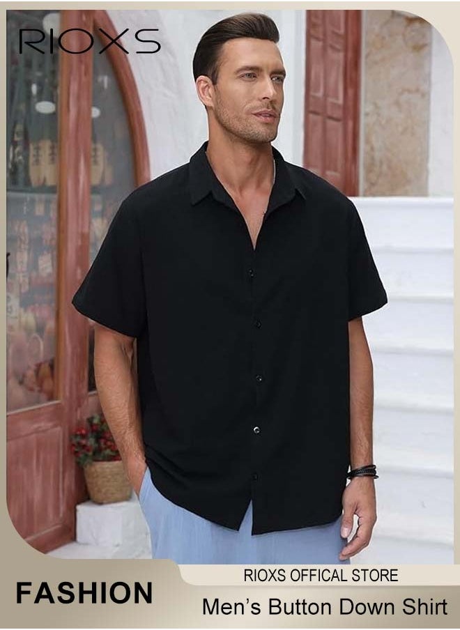 Men's Short Sleeve Henley Shirt, Loose Linen Cotton Button-Up Tops, Casual Beach Shirt For Men, Comfy Breathable Shirt For Travel Hawaii Work And Daily Wear, Button Down Shirt As Gifts For Grandfather/ Dad/ Boyfrind/ Husband