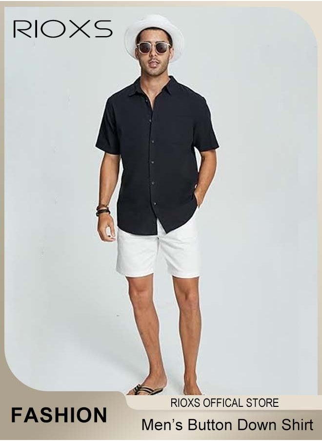 Men's Short Sleeve Henley Shirt, Loose Linen Cotton Button-Up Tops, Casual Beach Shirt For Men, Comfy Breathable Shirt For Travel Hawaii Work And Daily Wear, Button Down Shirt As Gifts For Grandfather/ Dad/ Boyfrind/ Husband
