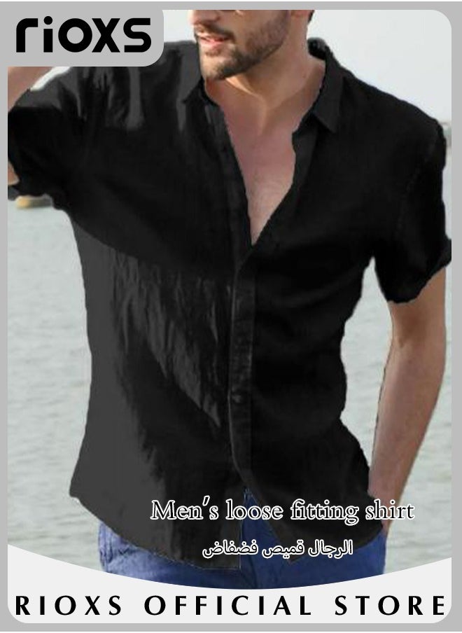 Men's Short Sleeve Henley Shirt, Loose Linen Cotton Button-Up Tops, Casual Beach Shirt For Men, Comfy Breathable Shirt For Travel Hawaii Work And Daily Wear, Button Down Shirt As Gifts For Grandfather/ Dad/ Boyfrind/ Husband