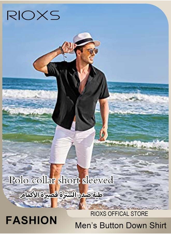 Men's Short Sleeve Henley Shirt, Loose Linen Cotton Button-Up Tops, Casual Beach Shirt For Men, Comfy Breathable Shirt For Travel Hawaii Work And Daily Wear, Button Down Shirt As Gifts For Grandfather/ Dad/ Boyfrind/ Husband
