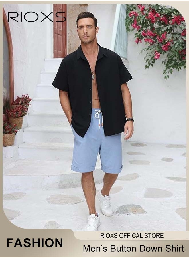 Men's Short Sleeve Henley Shirt, Loose Linen Cotton Button-Up Tops, Casual Beach Shirt For Men, Comfy Breathable Shirt For Travel Hawaii Work And Daily Wear, Button Down Shirt As Gifts For Grandfather/ Dad/ Boyfrind/ Husband